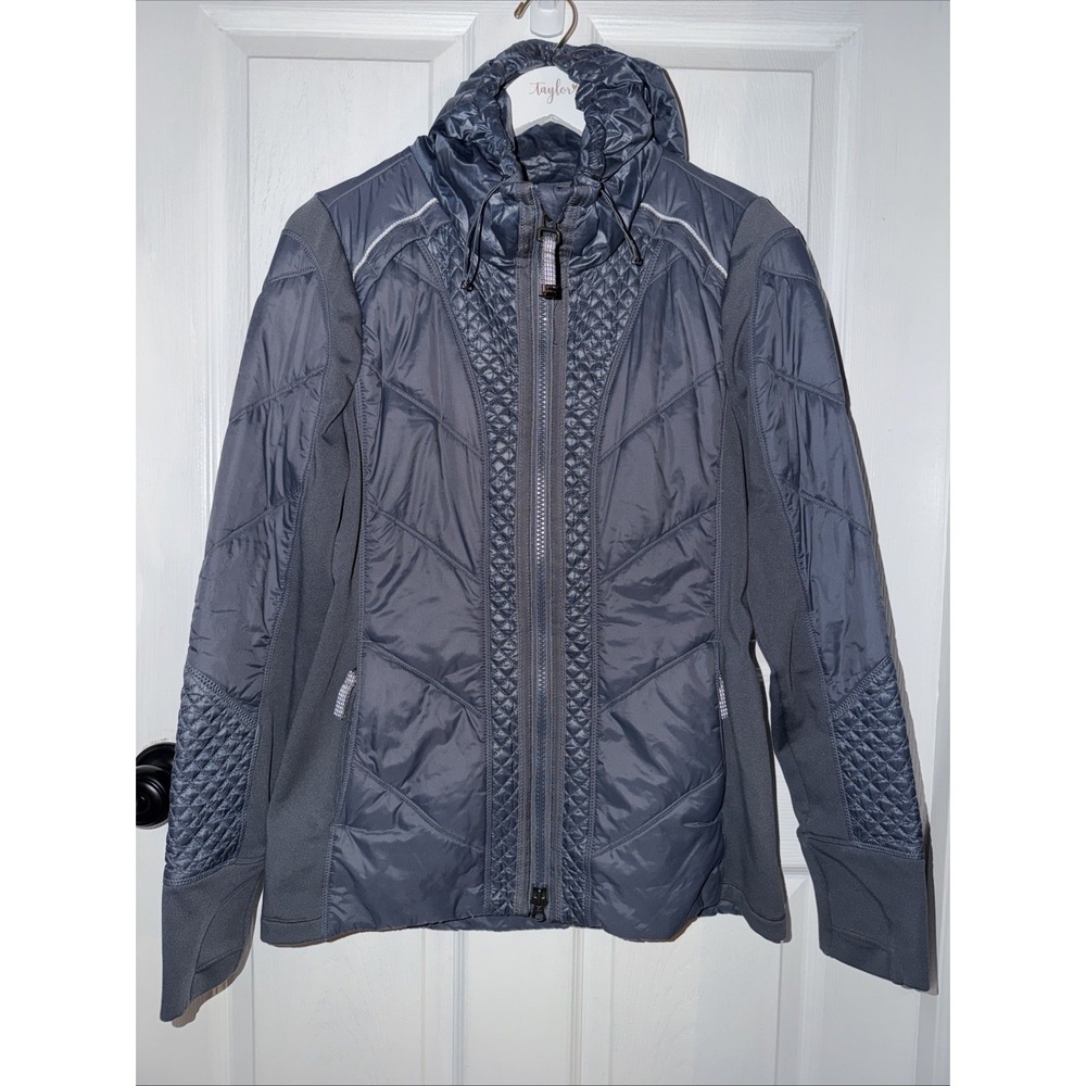 Athleta Rock Ridge Primaloft Quilted Jacket M Hooded Astronomy Grey Blue 350851